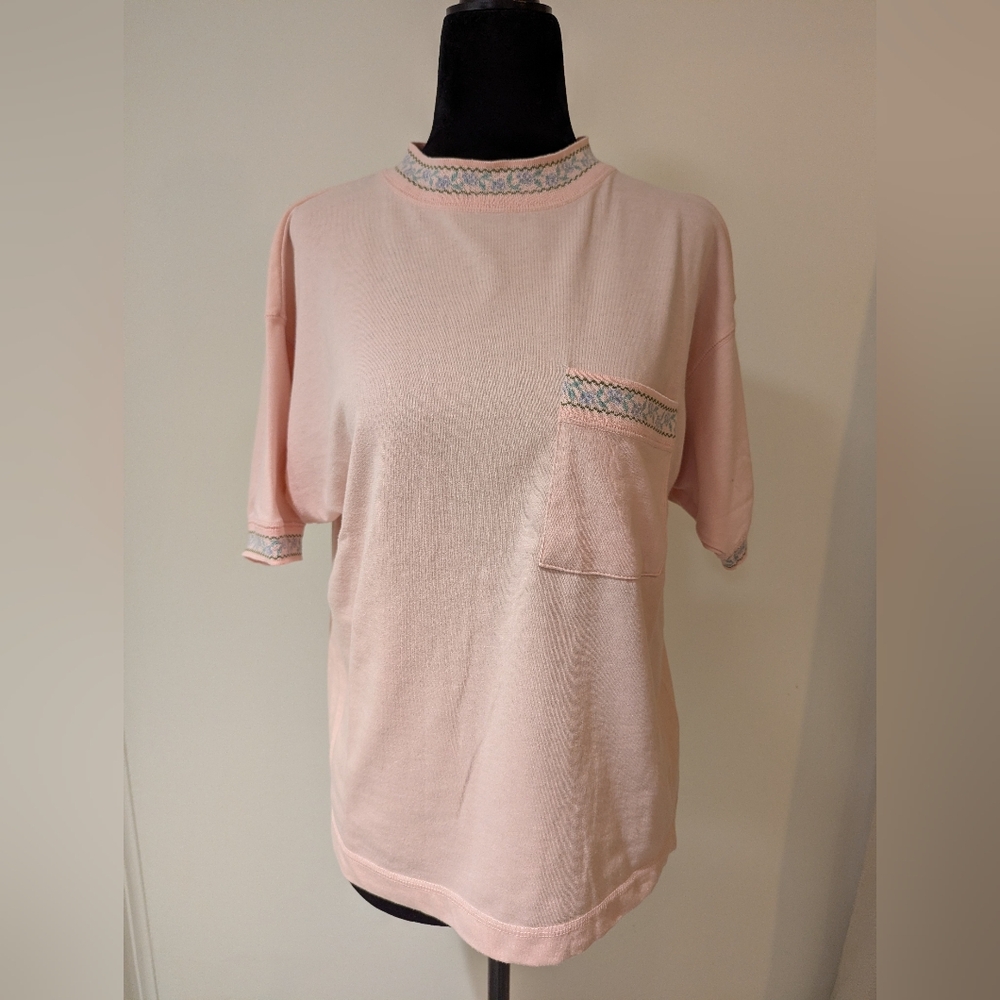 Vintage 1990s Brandon Pink Pullover Top Shirt Large Cotton Poly Blend Pocket
